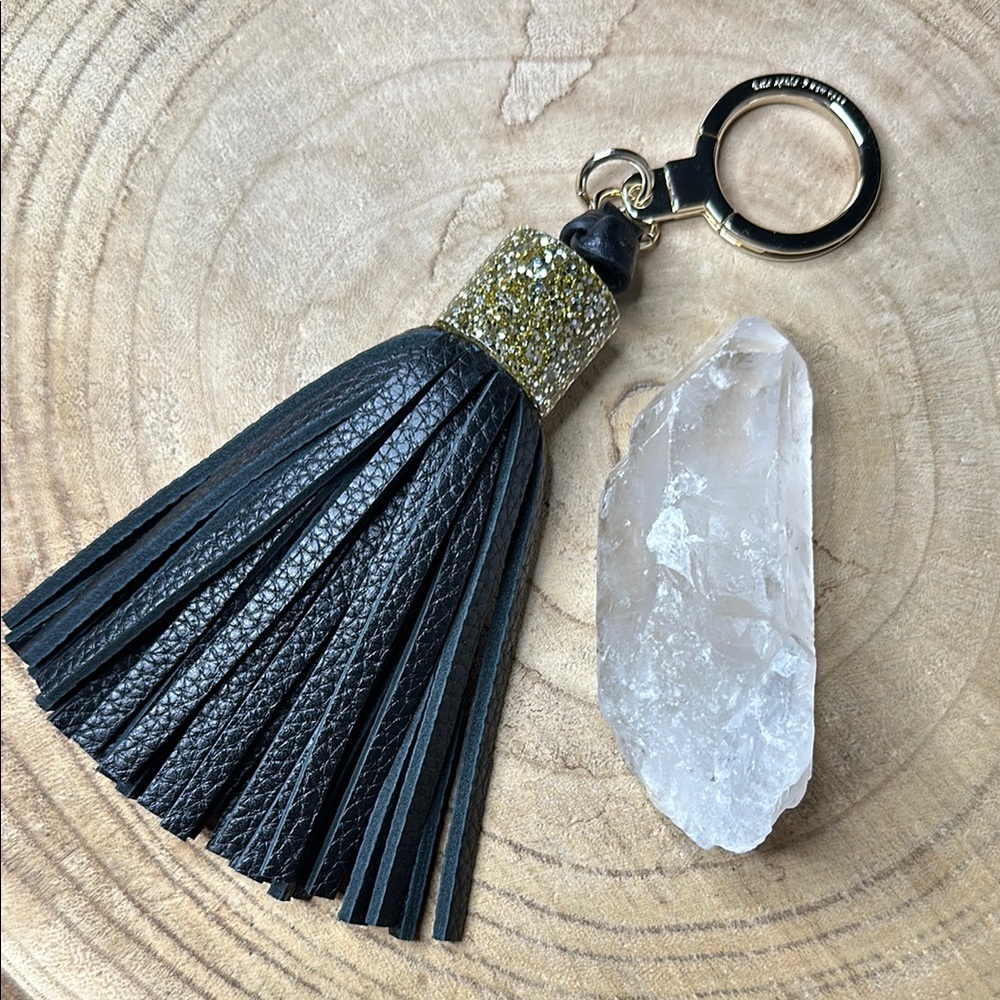 Kate Spade Tassel Leather Keychain Bag Tag Fob Black & Gold Glitter Cap